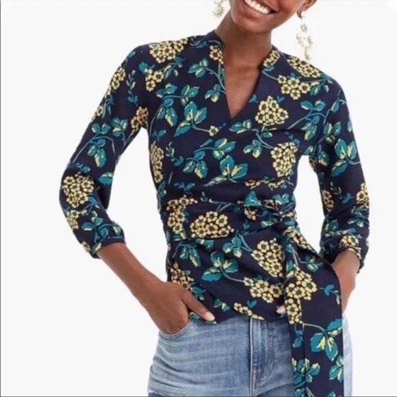 J Crew Navy Blue Yellow Floral Long Sleeve Wrap Blouse Top Small - Picture 1 of 9